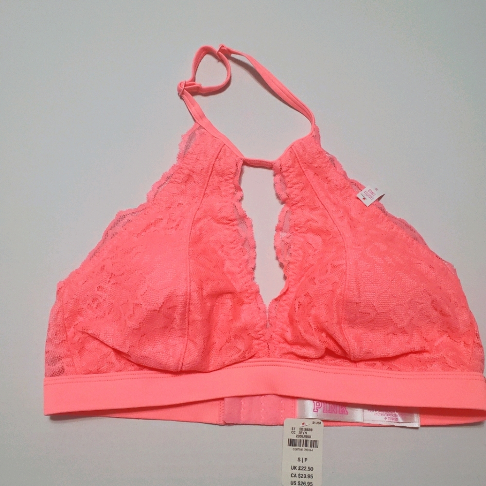 Pink Halter neck lace lightly lined bralette S